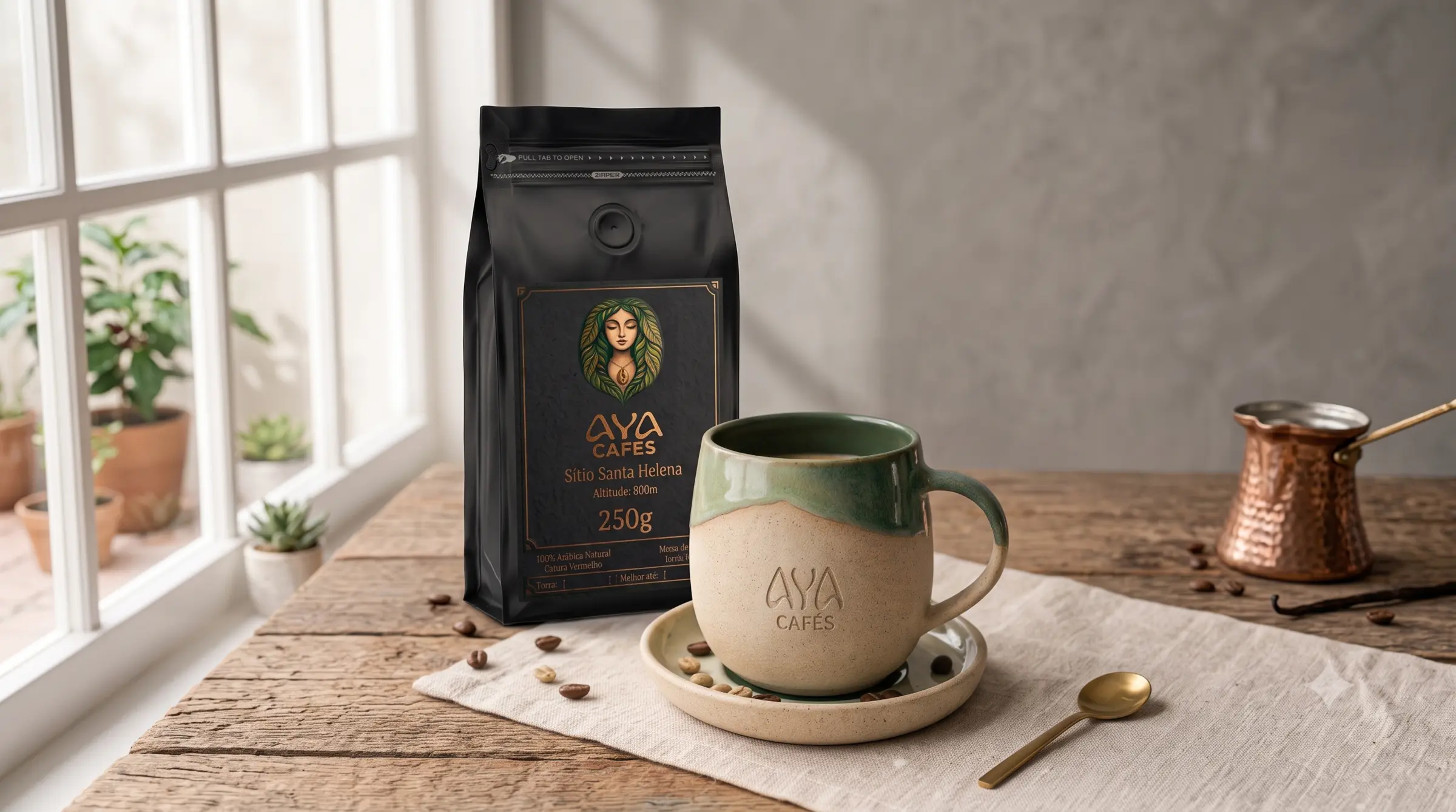 Xícara de café Aya com o pacote do Especial ao fundo, numa mesa de madeira