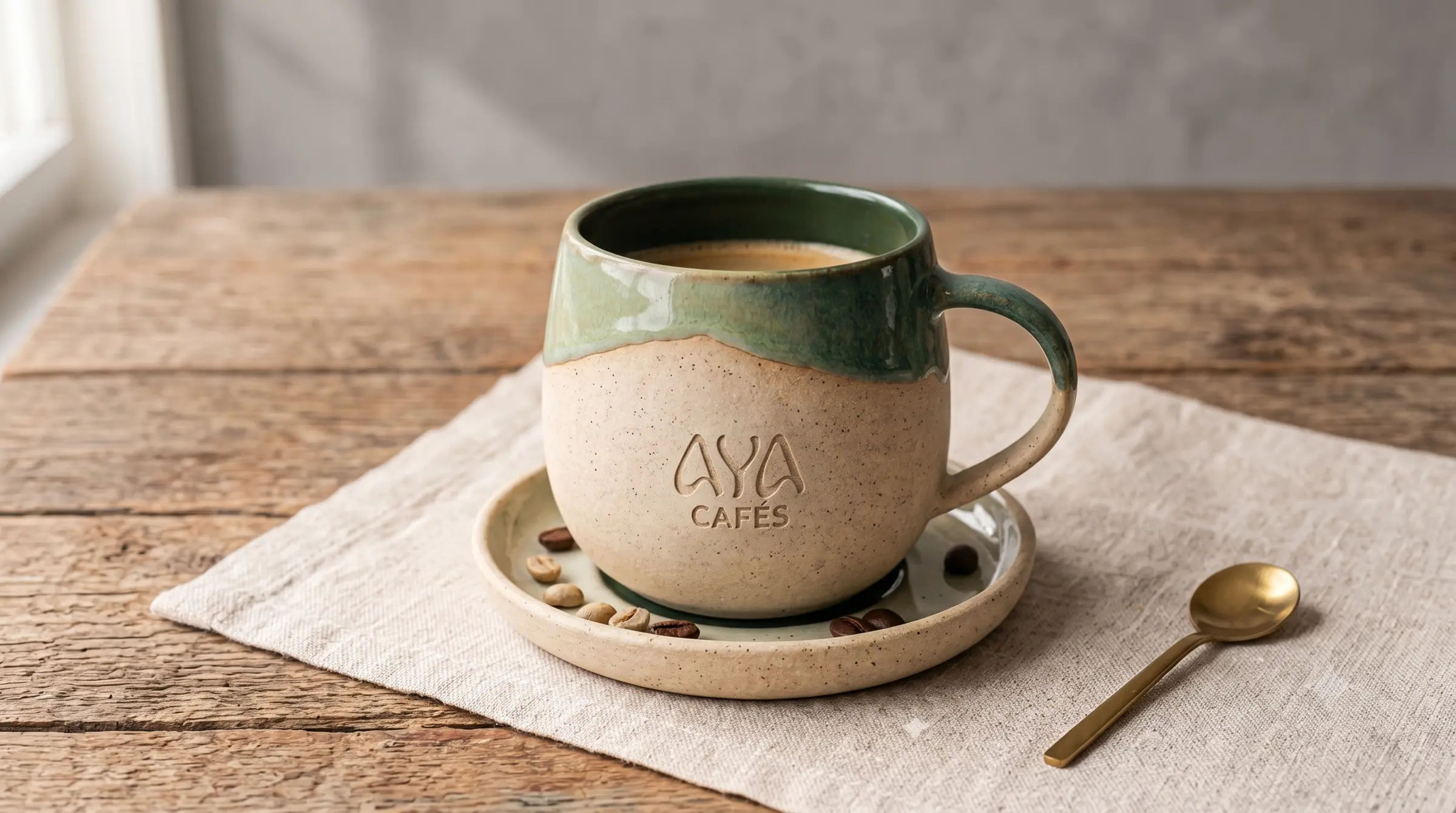 Xícara de café Aya sobre um pires com grãos, numa mesa de madeira