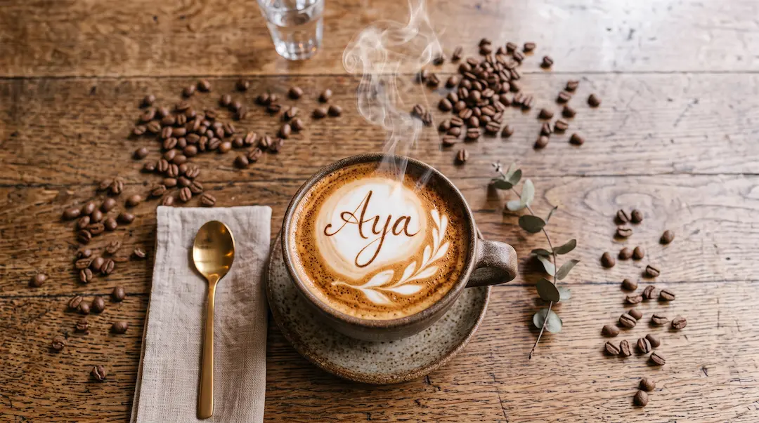 Xícara de café Aya com arte em leite e o nome Aya