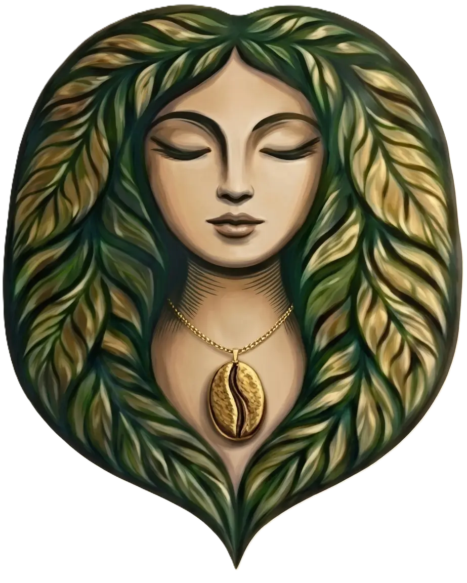 Ilustração da marca AYA CAFÉS: uma mulher de olhos fechados, com folhas de café no lugar dos cabelos e um grão de café como pingente.
