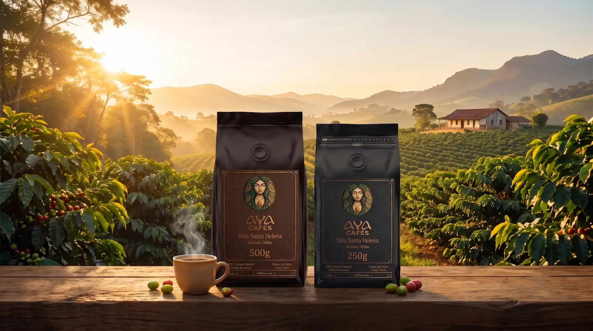 Embalagens da Aya Cafés ao amanhecer, com o sítio ao fundo